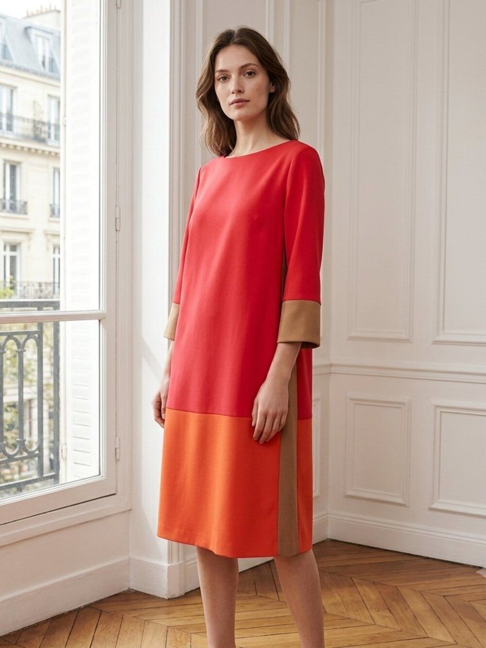 Iman Global Chic Colorblock Midi Dress: Vibrant Pink, Orange & Tan - Size XL